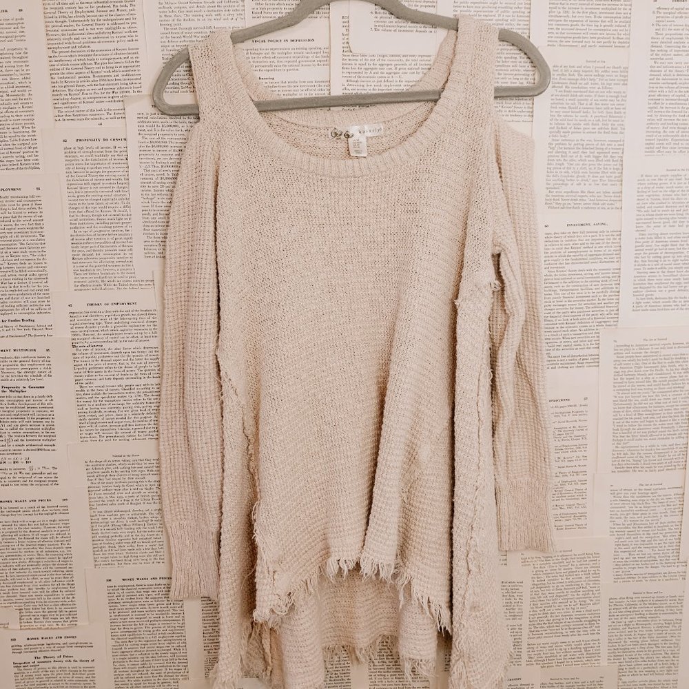 Blush Pink Distressed Bottom Fringe Cold Shoulder